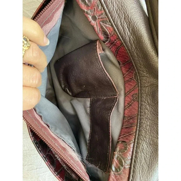 Made In Canada Leather  Flower Daisy Embossed Purse Burgundy Brown Boho Hippie - Picture 5 of 16